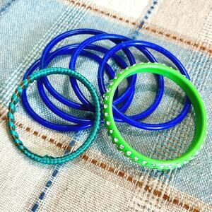 Vintage Bangle Bracelet Set – Blue Plastic, Green Rhinestone, and Teal Bangles